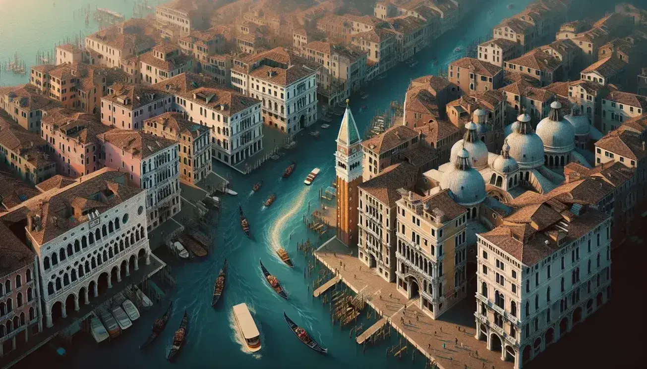 Vista aerea di Venezia con il Canal Grande, edifici storici color pastello, gondole, vaporetti e campanile in lontananza.