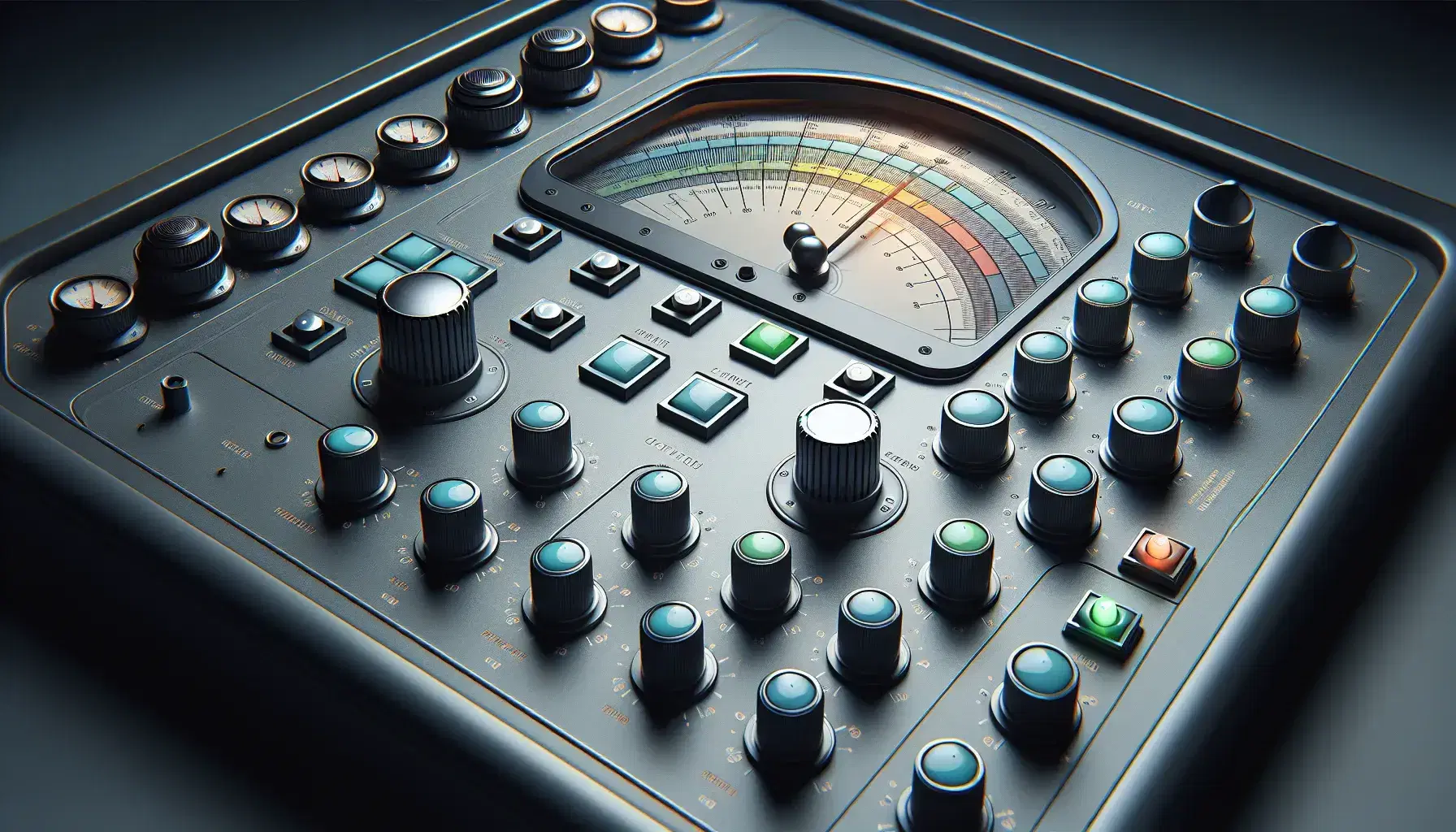 Modern industrial control panel with colored buttons, metal knobs and central dial with indicator on graduated arch.