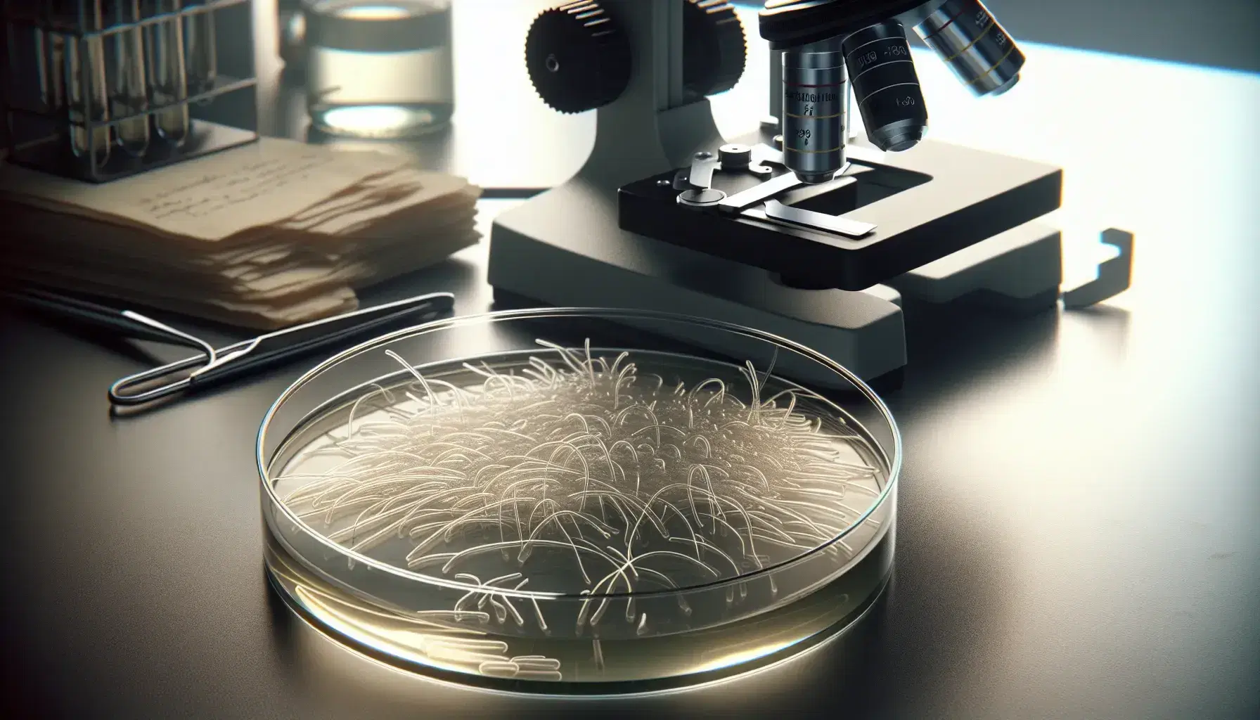 Petri dish on lab bench with translucent thread-like organisms on clear agar, microscope in soft focus background, sterile scientific research setting.