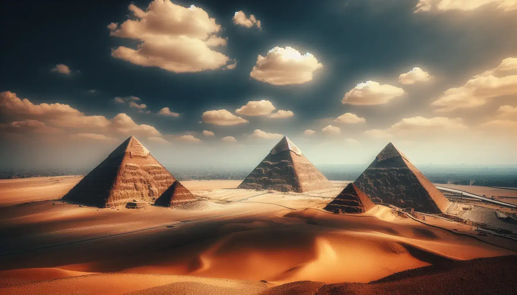 Vista panorámica de las Pirámides de Giza con la Gran Pirámide, la de Khafre y Menkaure bajo un cielo azul y la Gran Esfinge al frente.