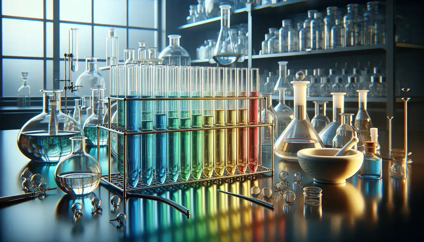 Tubos de ensayo con líquidos de colores azul, verde, amarillo y rojo en un soporte metálico, con balanza analítica y mortero de porcelana en un laboratorio.