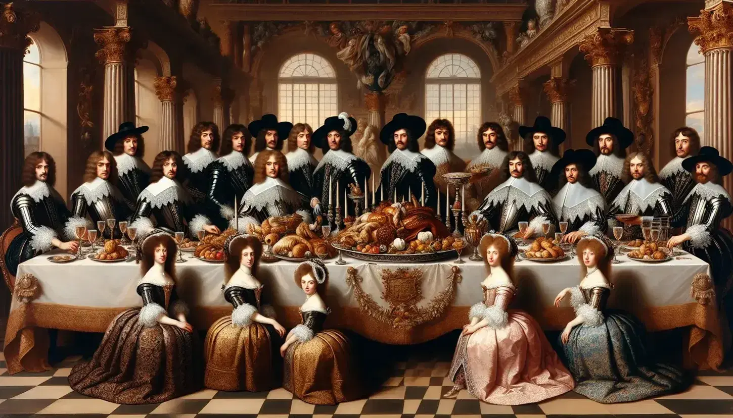 17th-century banquet hall with elegantly dressed Cavalier Poets around a feast-laden table, opulent decor, and warm, rich colors.