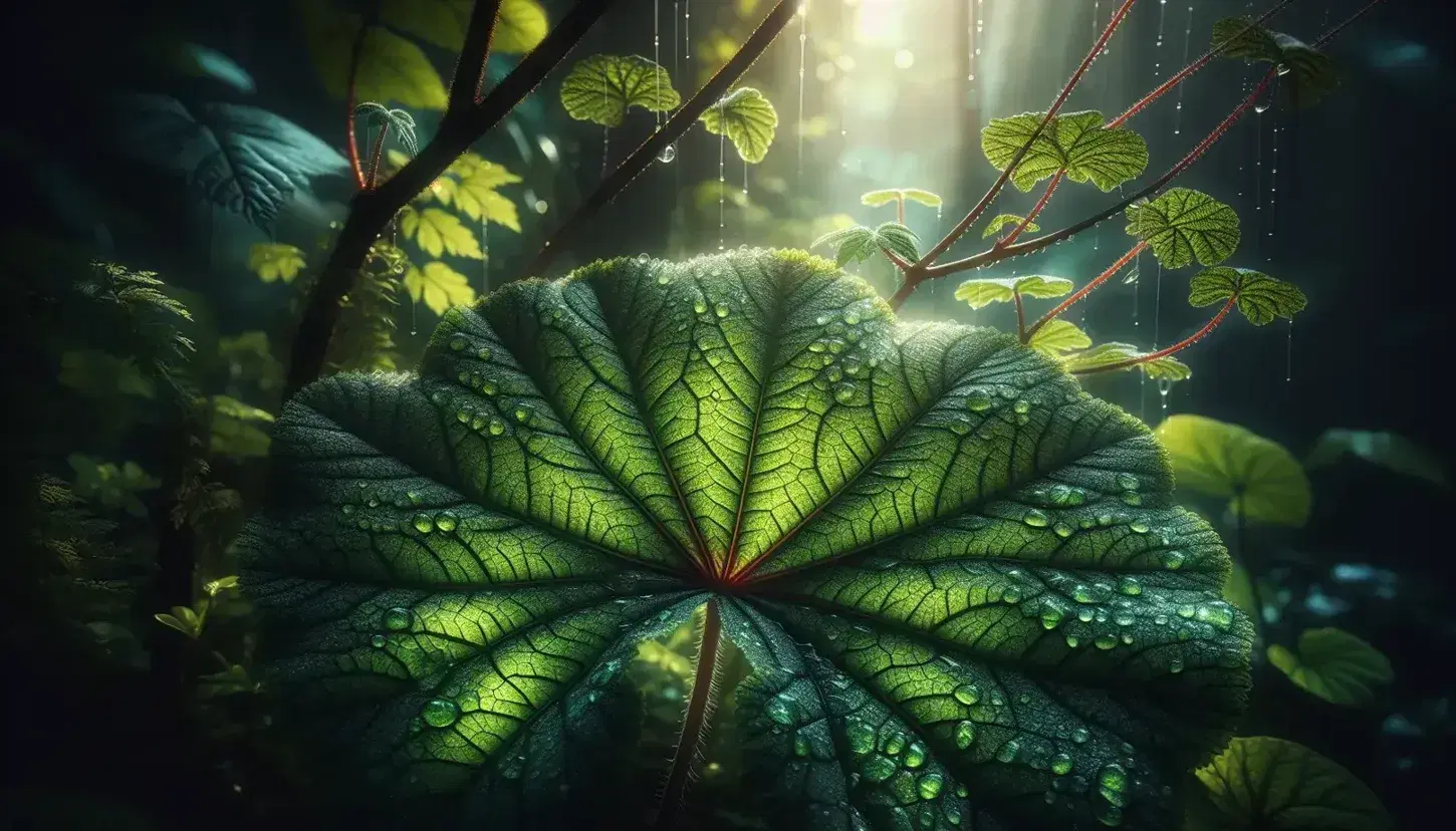 Foglia verde ovale con bordi seghettati e gocce d'acqua che riflettono la luce, su sfondo sfocato di vegetazione.