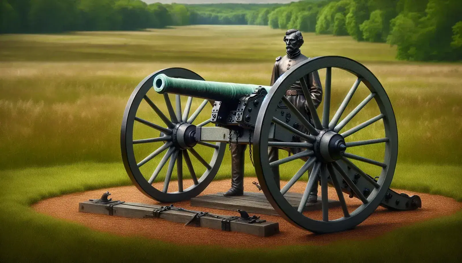 Civil War era cannon on wooden carriage in grassy field with bronze statue of uniformed soldier holding binoculars, clear blue sky overhead.