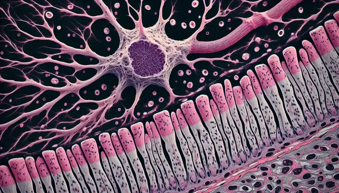 Vista microscópica de tejido nervioso y muscular con neurona de cuerpo irregular y axón morado, junto a fibras musculares estriadas en sección transversal.