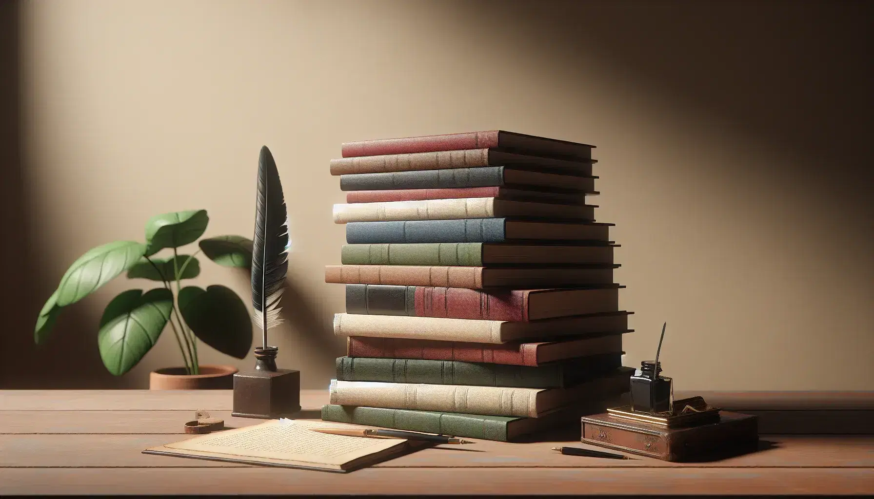 Stack of hardcover books in muted colors with an open book on top, quill in inkwell, and a potted plant on a wooden table against a cream wall.