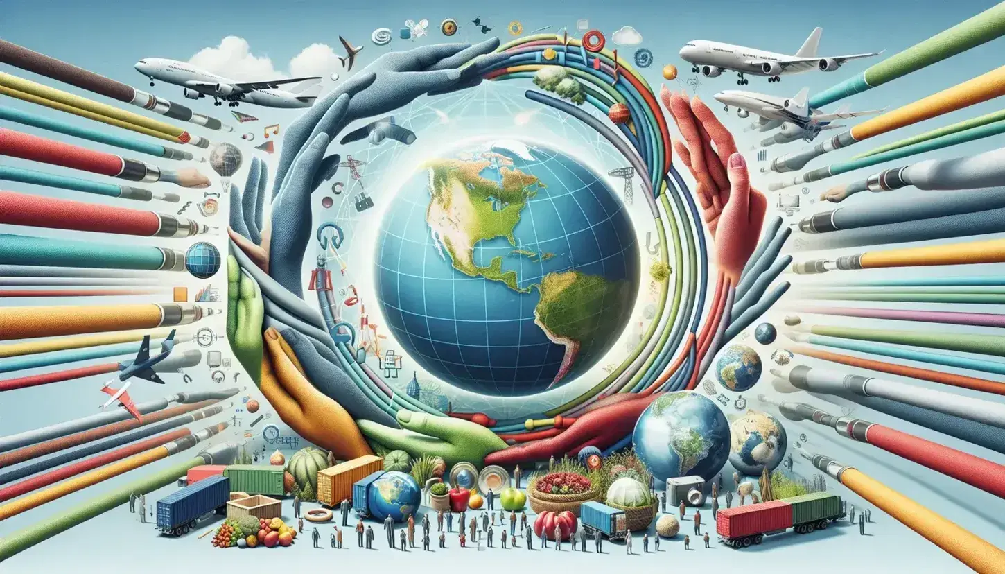 Globo terráqueo rodeado de manos multiculturales, avión, contenedor rojo y cables de fibra óptica, con frutas y verduras abajo, simbolizando la diversidad y la interconexión global.