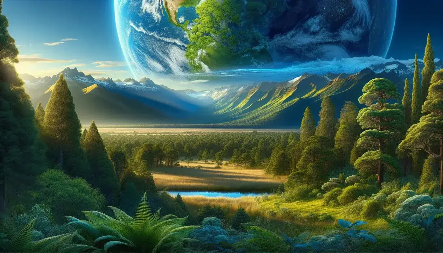 Natural landscape with green forest, golden prairie, meandering river, towering mountains and blue sky with earthly atmosphere.