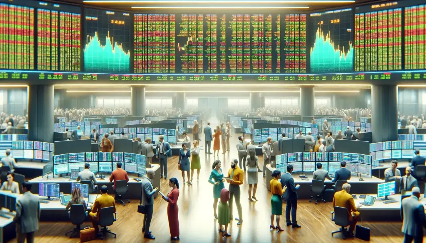 Traders engage actively on a bustling stock exchange floor with a central digital ticker display and desks with glowing computer screens.