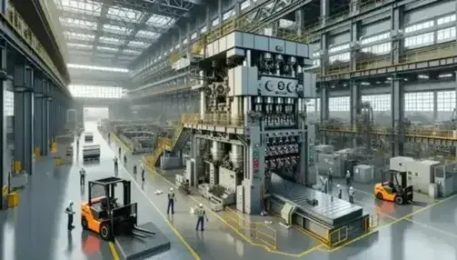 Maquinaria industrial en planta de manufactura con prensa metálica en primer plano, robot de ensamblaje y trabajadores con equipo de seguridad operando un montacargas.