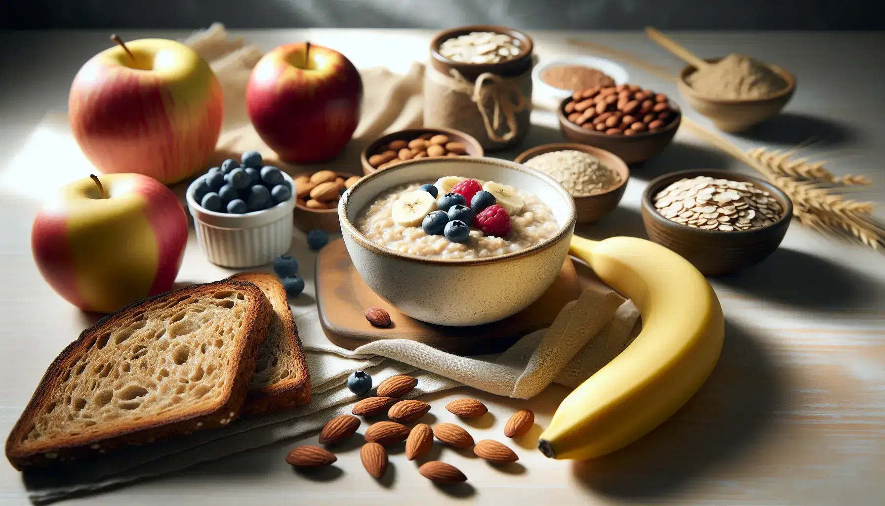 Desayuno saludable con avena cocida, rodajas de banana, frutos rojos, rebanada de pan integral, almendras, manzana roja y legumbres variadas en superficie de madera.