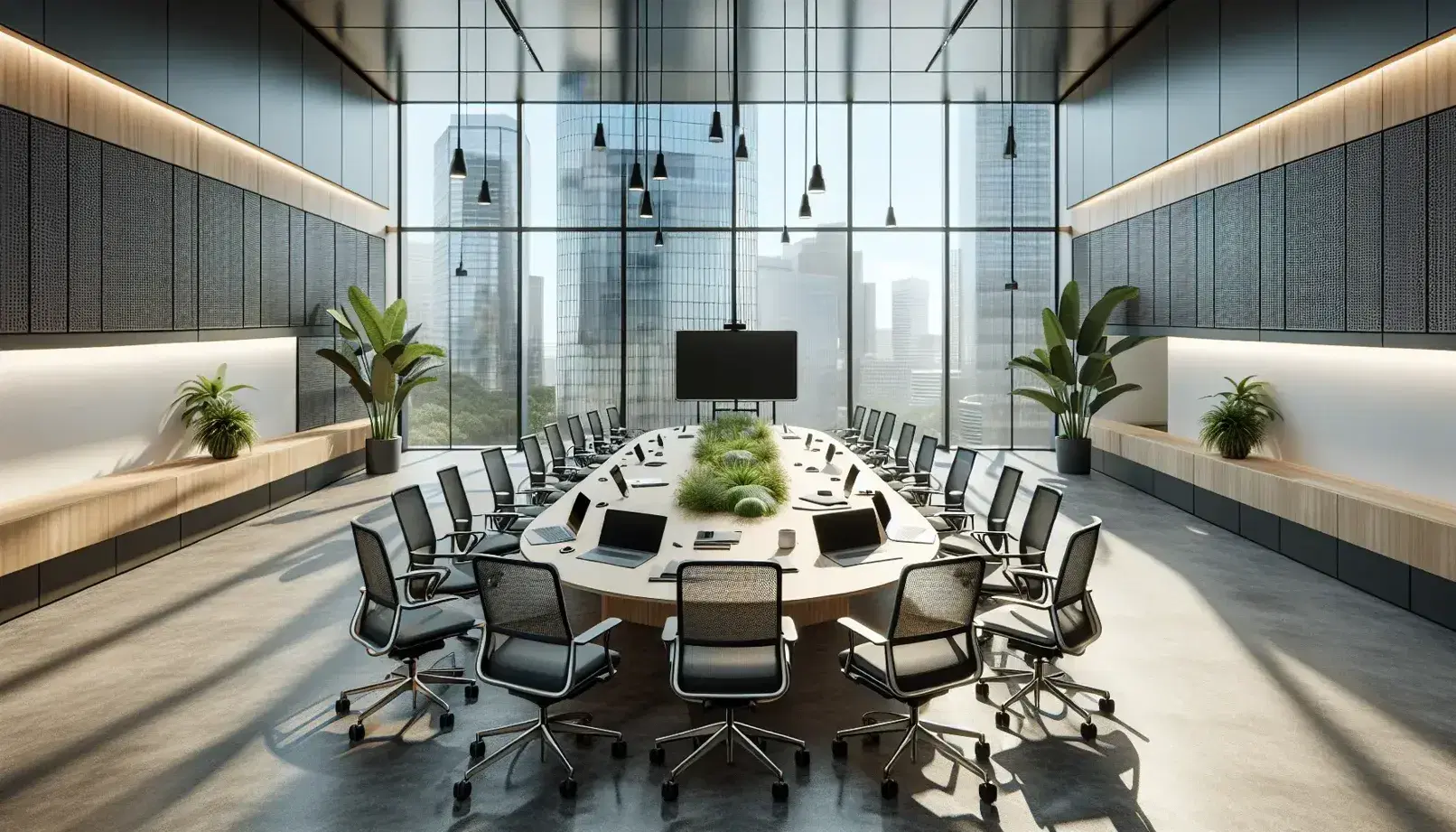 Sala de reuniones moderna y luminosa con mesa ovalada de madera, sillas ergonómicas, dispositivos electrónicos apagados y grandes ventanas con vistas a rascacielos.