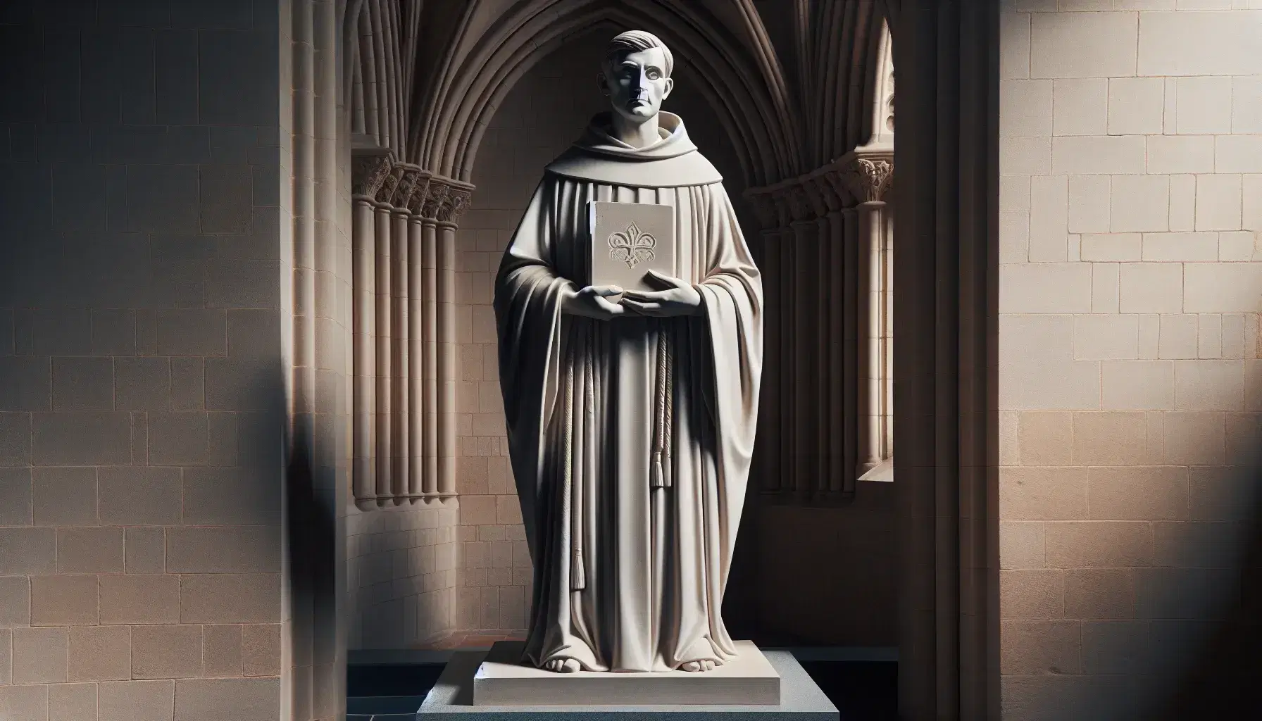 Estatua de piedra de Santo Tomás de Aquino con túnica, sosteniendo un libro y bendiciendo, ante un fondo de arquitectura gótica.