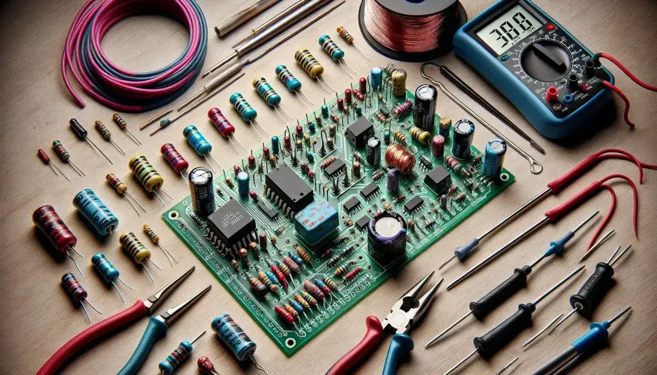 Componentes electrónicos en una mesa de trabajo con placa de circuito impreso, multímetro digital, carrete de alambre de cobre y alicates, sin texto visible.
