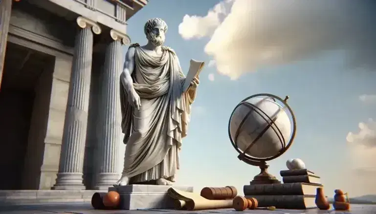 Statua in marmo bianco di Aristotele con pergamena e mano alzata, strumenti scientifici ai piedi, su sfondo di colonne classiche e cielo azzurro.