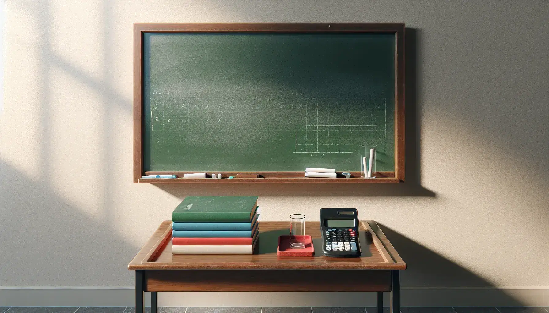 Green chalkboard on wooden frame with chalk and eraser, adjacent to desk with graphing calculator, three textbooks, and beaker with liquid in a classroom.