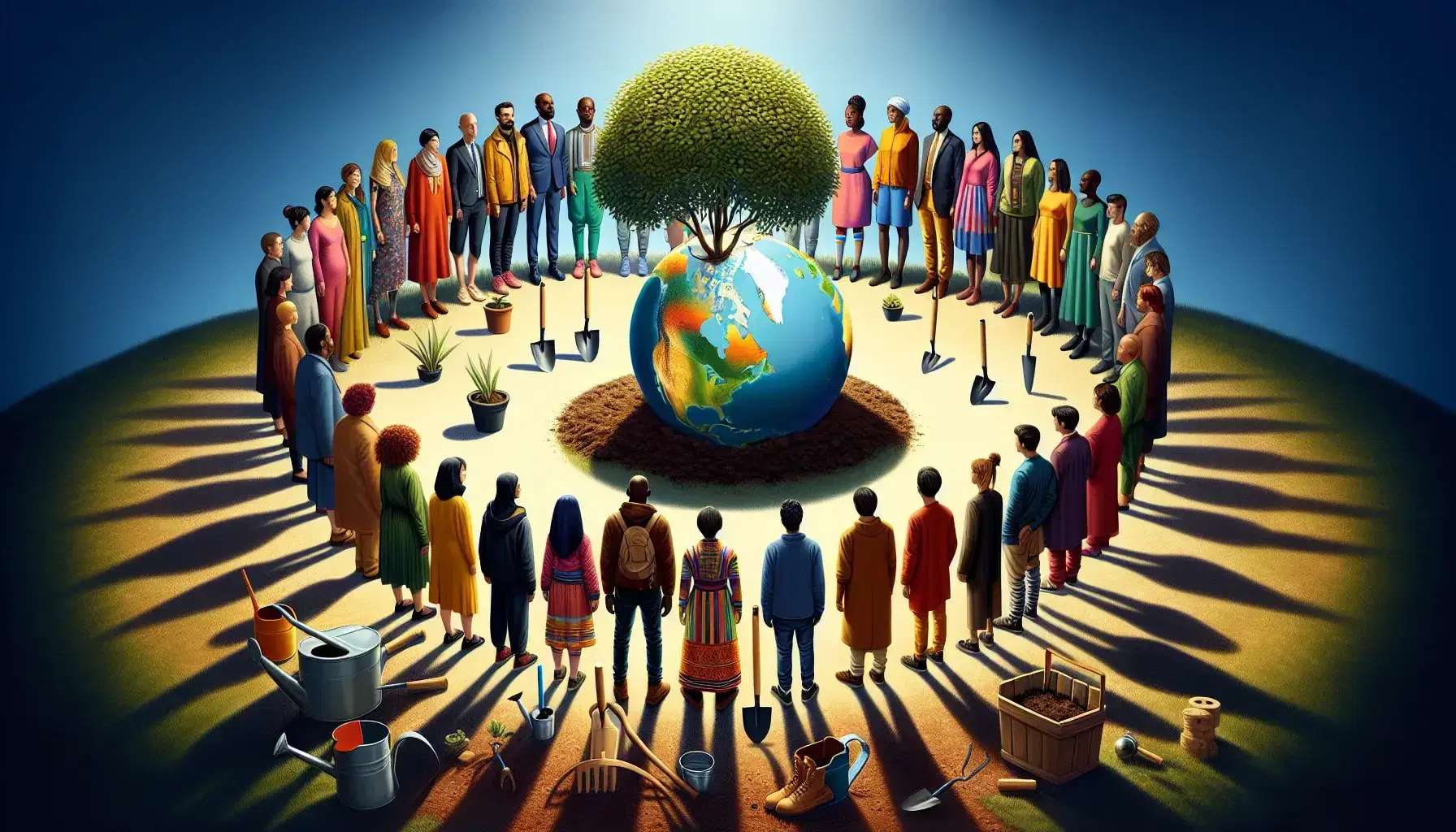 Diverse group of people encircling a globe on a wooden stand, with a young tree and gardening tools in the foreground, symbolizing global unity and growth.