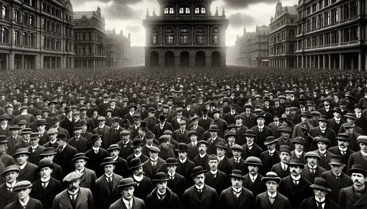 Folla in bianco e nero in piazza d'epoca post-Prima Guerra Mondiale, uomini con cappelli e donne in abiti lunghi, alcuni con pugni alzati.