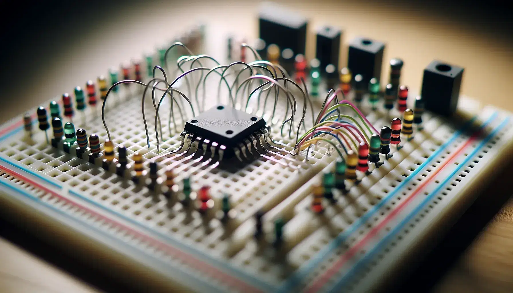 Close-up of a complete adder circuit on white breadboard with black IC, colored wires, resistors and red and green LEDs lit.