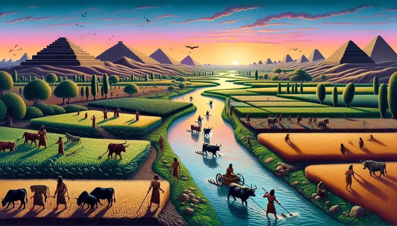 Tramonto su paesaggio fluviale con riflessi arancioni e rosa, rive verdi coltivate, antiche strutture mesopotamiche e contadini al lavoro.