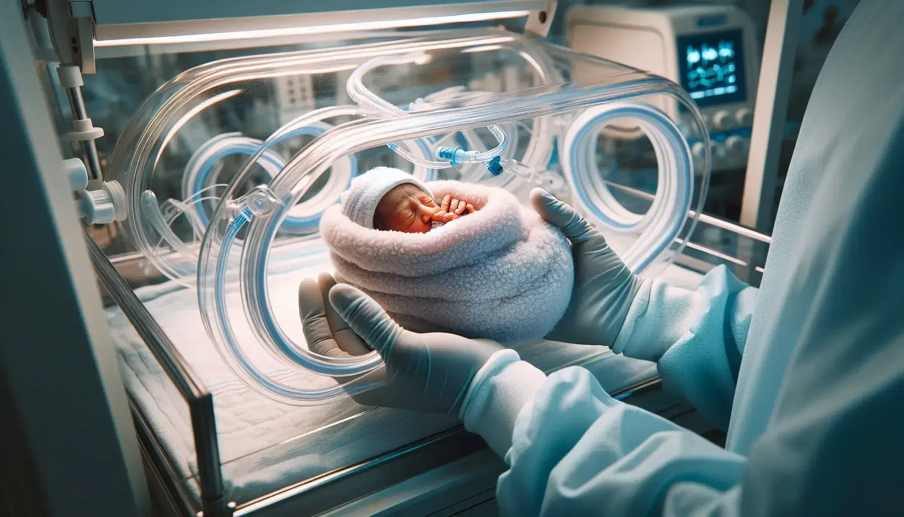 Manos enguantadas de un profesional de la salud sosteniendo con cuidado a un recién nacido prematuro envuelto en una manta térmica, dentro de un incubador transparente con tubos finos conectados.