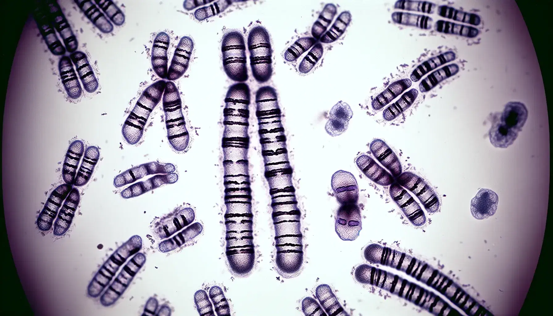 Close up of a karyotype with chromosomes sorted into pairs, distinct XX or XY sex chromosomes and purple banding pattern on a white background.