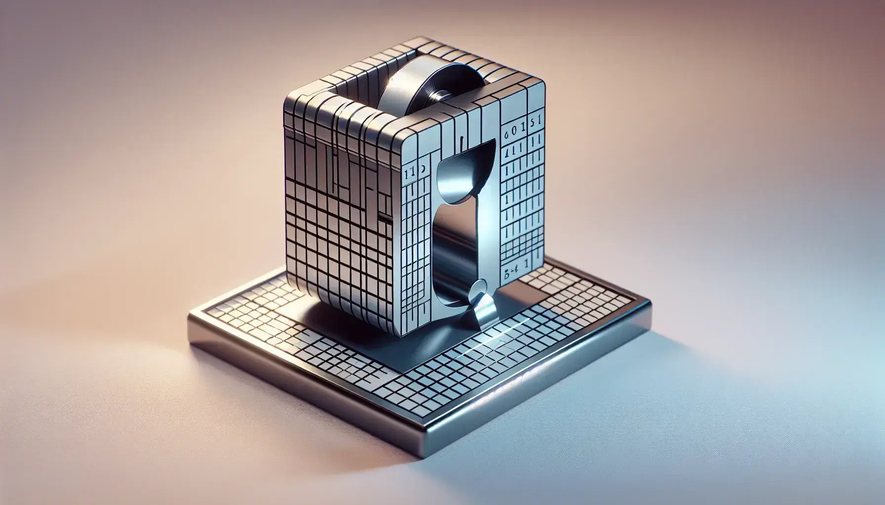 Theoretical Turing machine with metal ribbon without symbols, black head and blue state register on a white-blue gradient background.