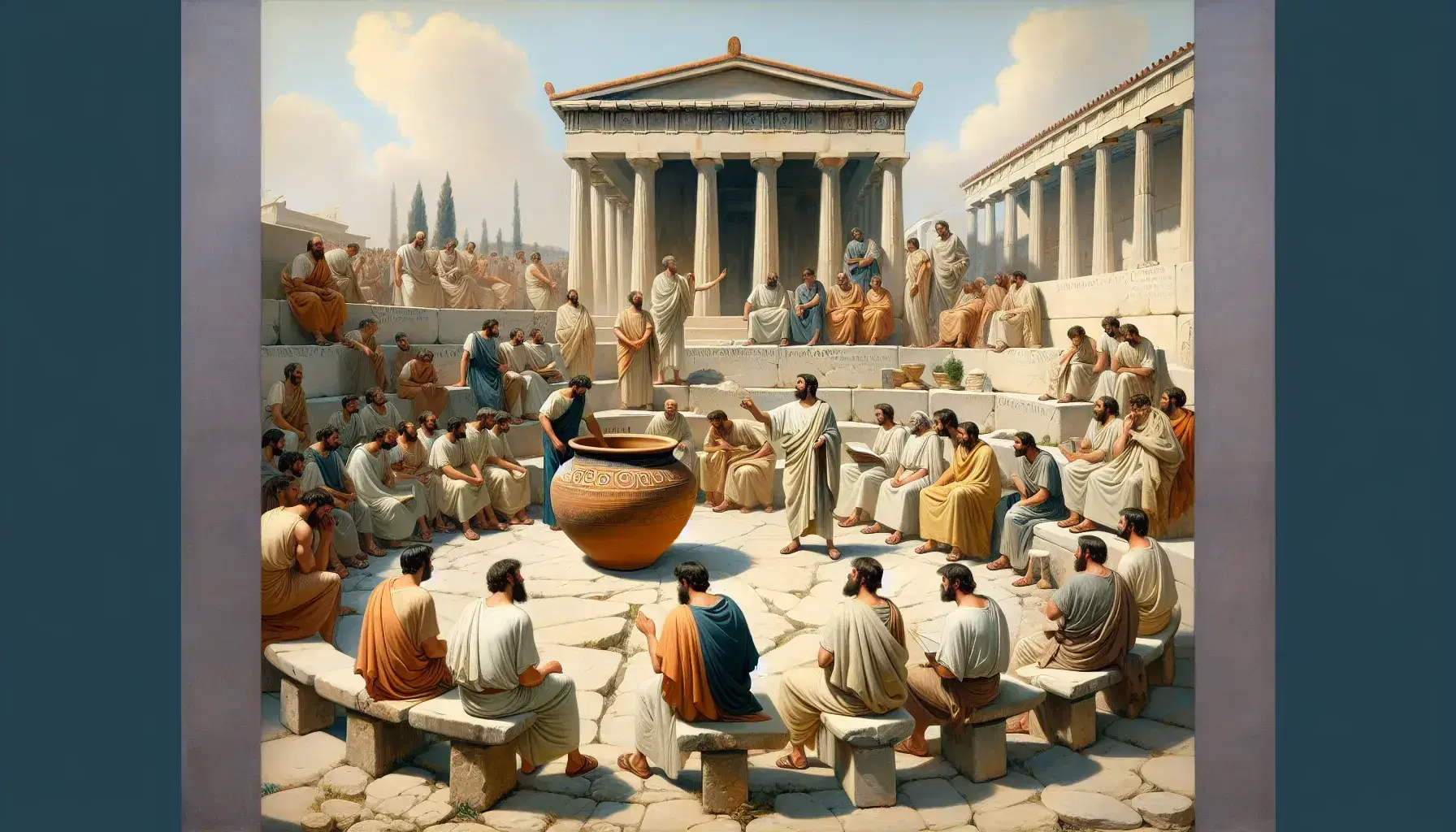 Riunione nell'Agorà ateniese con uomini in tunica che discutono attorno a un vaso terracotta, sotto un cielo sereno.