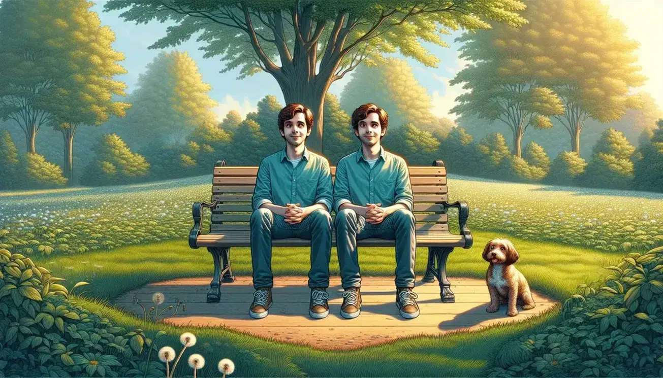 Identical twins sitting on a wooden bench in a park, with a brown dog by their side, under a large tree on a sunny day.
