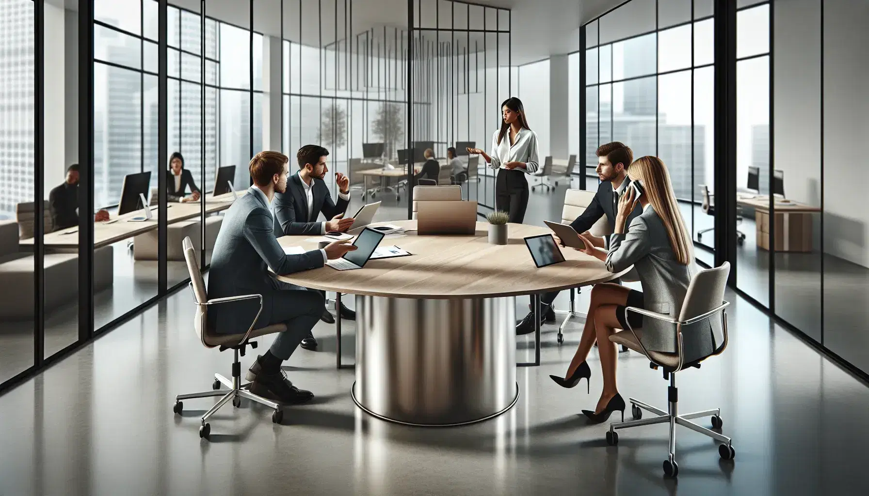 Professionals engaged in a meeting around a circular table with digital devices in a bright, modern office with glass partitions and city views.