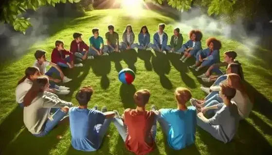 Gruppo eterogeneo di adolescenti seduti in cerchio su prato verde, conversano in ambiente naturale con alberi e cielo azzurro, pallone colorato in primo piano.
