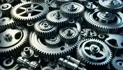 Shiny metal intertwined mechanical gears, with large central gear surrounded by smaller ones in motion, on blurred background.