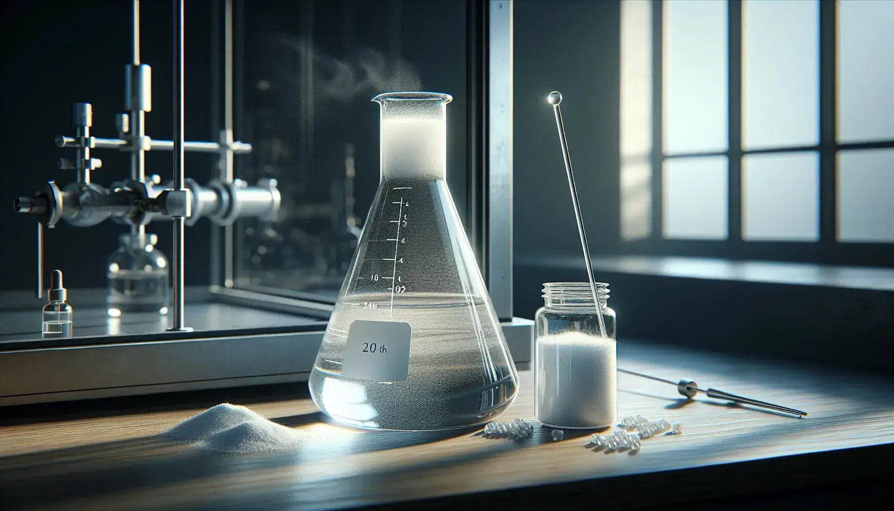 Glass flask with colorless liquid and bubbles on wooden laboratory bench, stirring rod above, container with white powder and chemical hood on background.