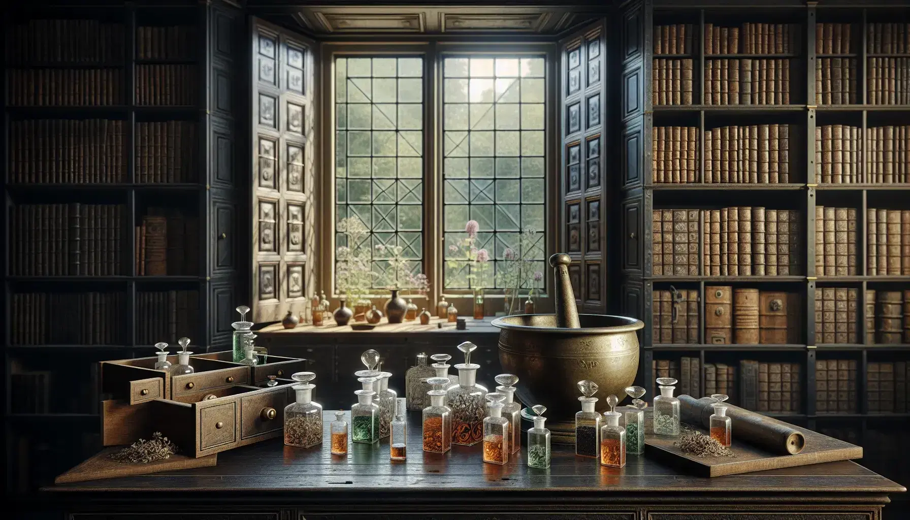 17th-century physician's study with a wooden desk, glass vials, brass mortar, pestle, herb garden view, bookshelf with leather books, telescope, skull, and a tapestry.