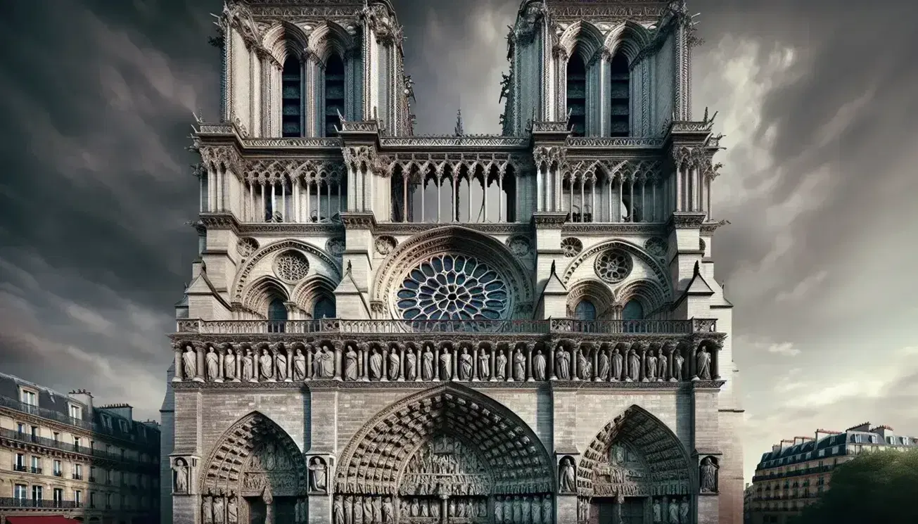Facciata della Cattedrale di Notre-Dame a Parigi con torri gemelle, rosone centrale e portali scolpiti, sotto un cielo azzurro.