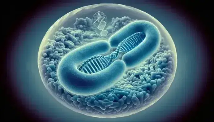 E. coli bacterium undergoing binary fission with nucleoid in evidence, circular plasmid in the background and mitochondrion in the foreground.