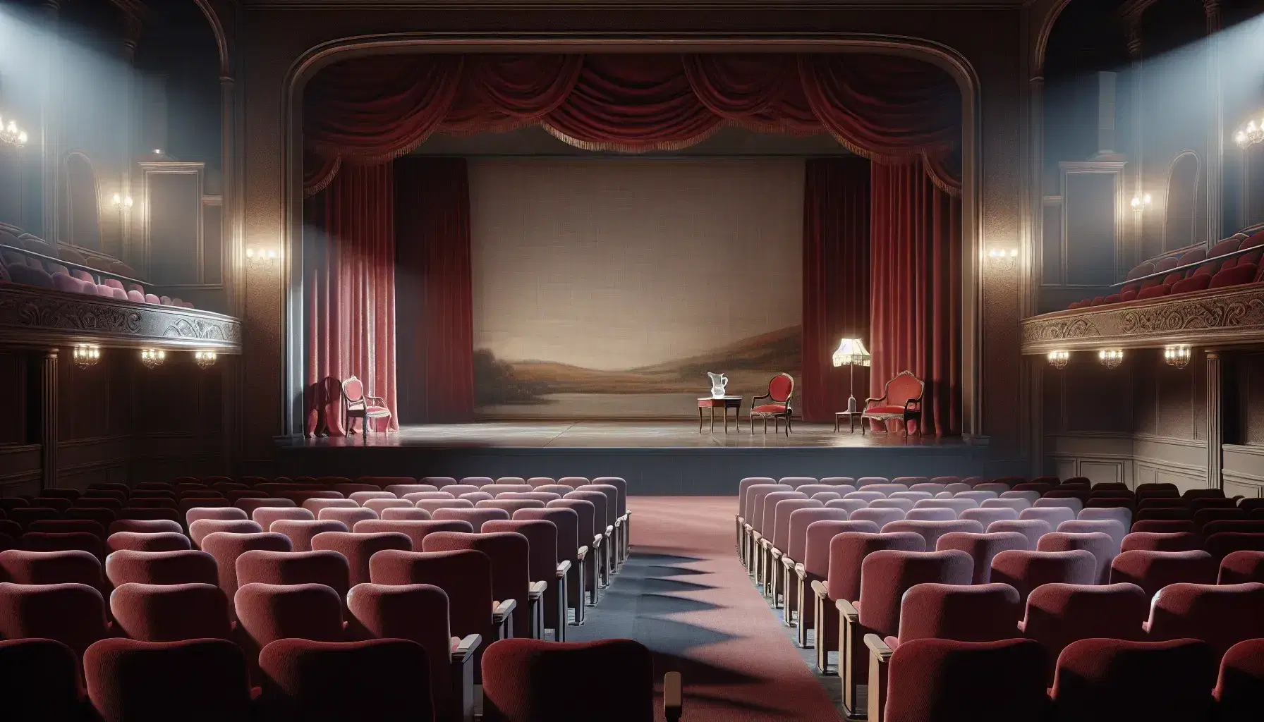 Escenario teatral vacío con cortinas de terciopelo burdeos, asientos rojos en primer plano, silla de madera, mesa con jarra y copas, y lámpara de pie.