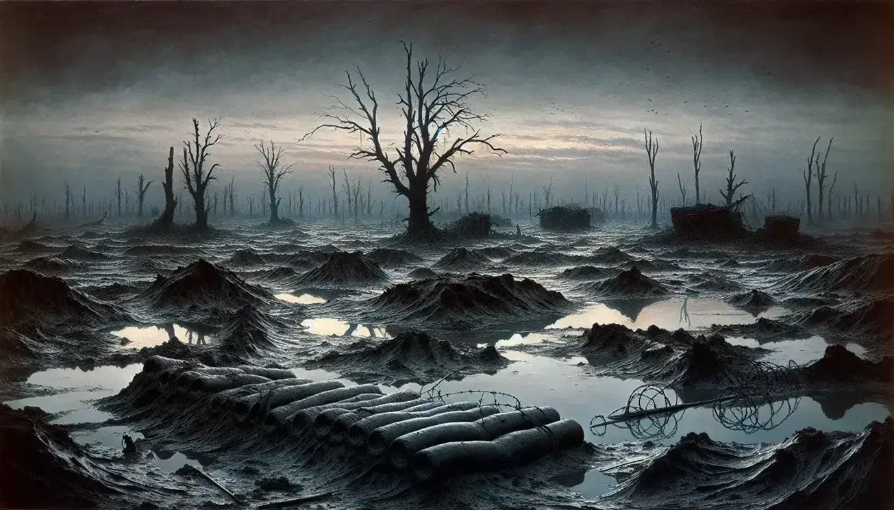 Desolate battlefield with shell craters, rusted barbed wire, shattered trees against a dusky sky, and a lone, slumped soldier silhouette.