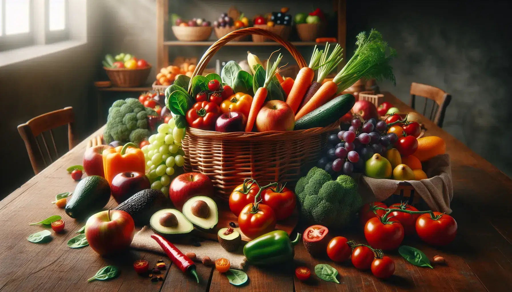 Variedad de frutas y verduras frescas en una mesa de madera con una cesta de mimbre al centro, iluminadas por luz natural.