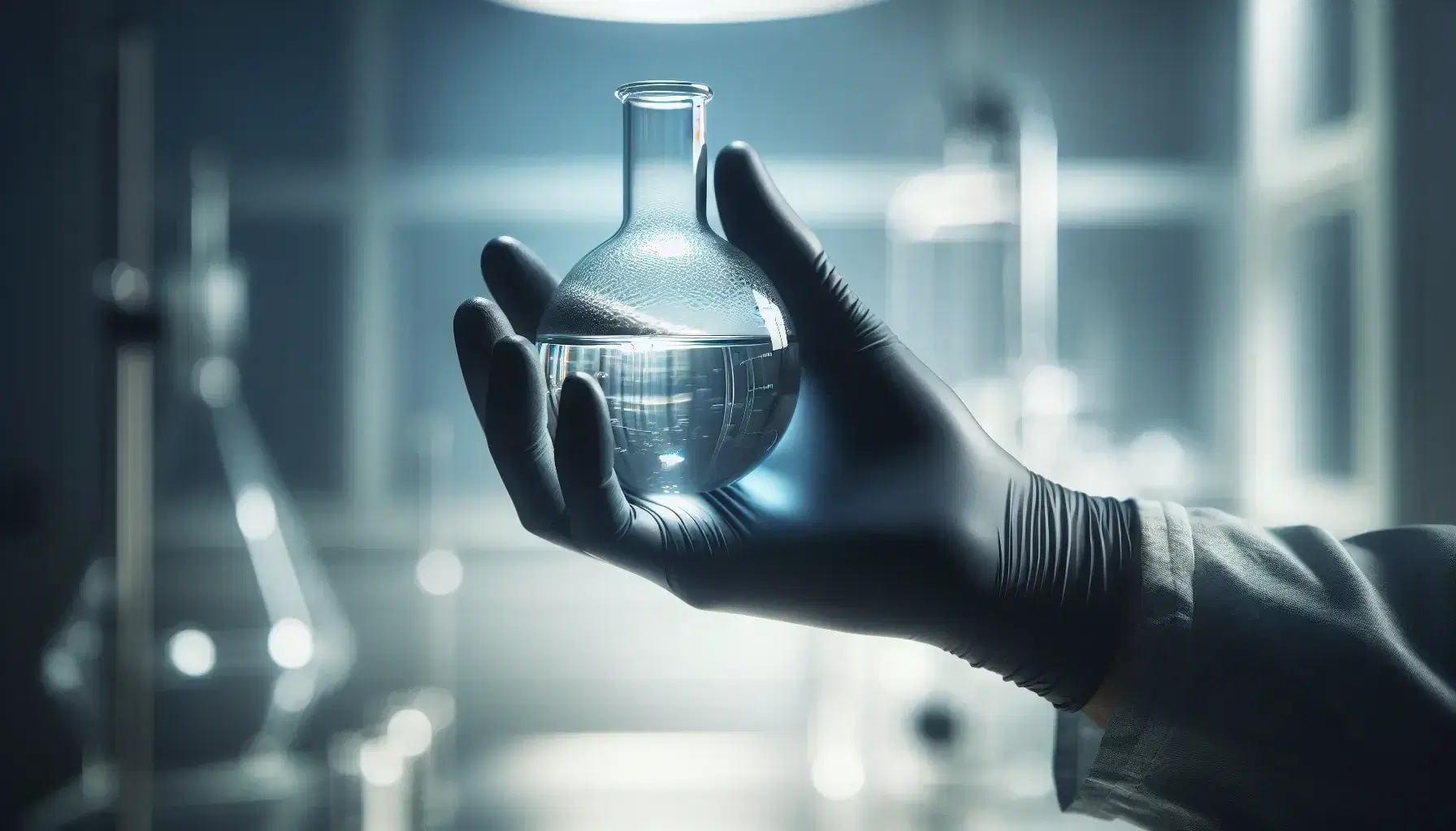 Close-up view of a gloved hand holding a glass flask with clear liquid in a blurred laboratory setting, highlighting scientific research.