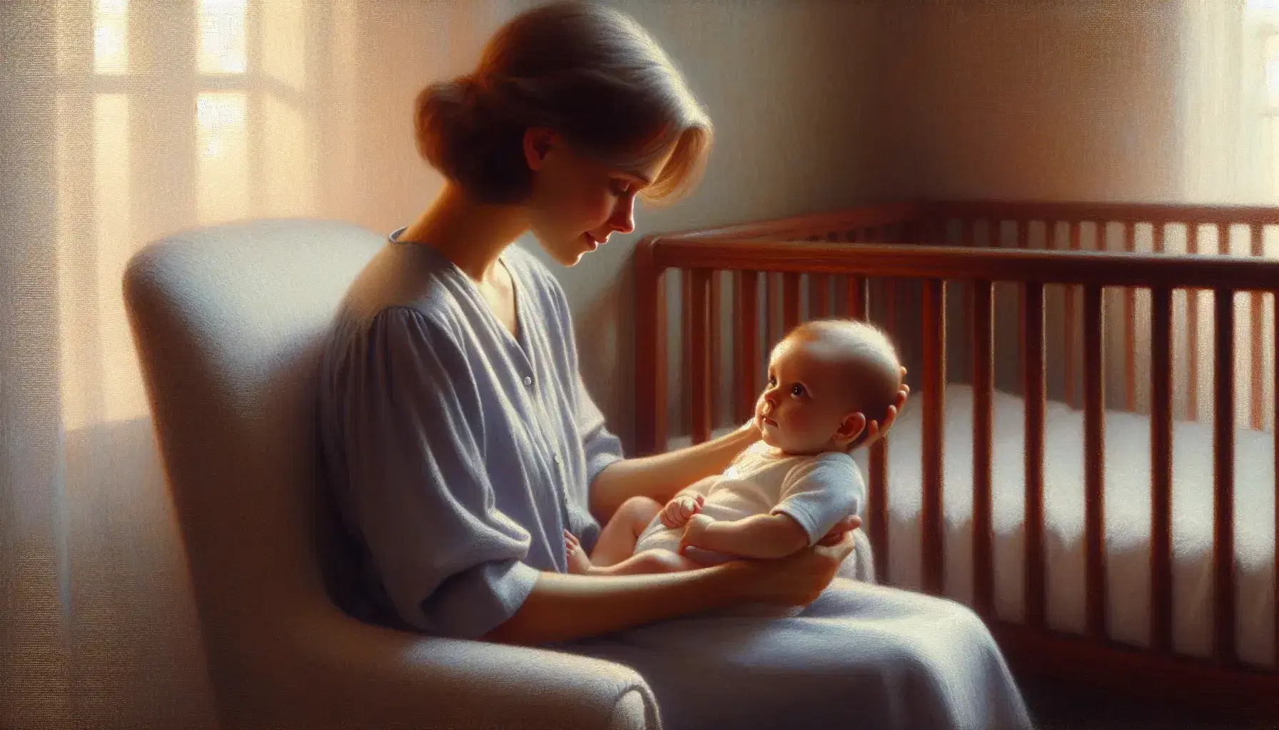 Caregiver cradling a content infant in a cozy nursery, with warm lighting enhancing their affectionate exchange and peaceful surroundings.