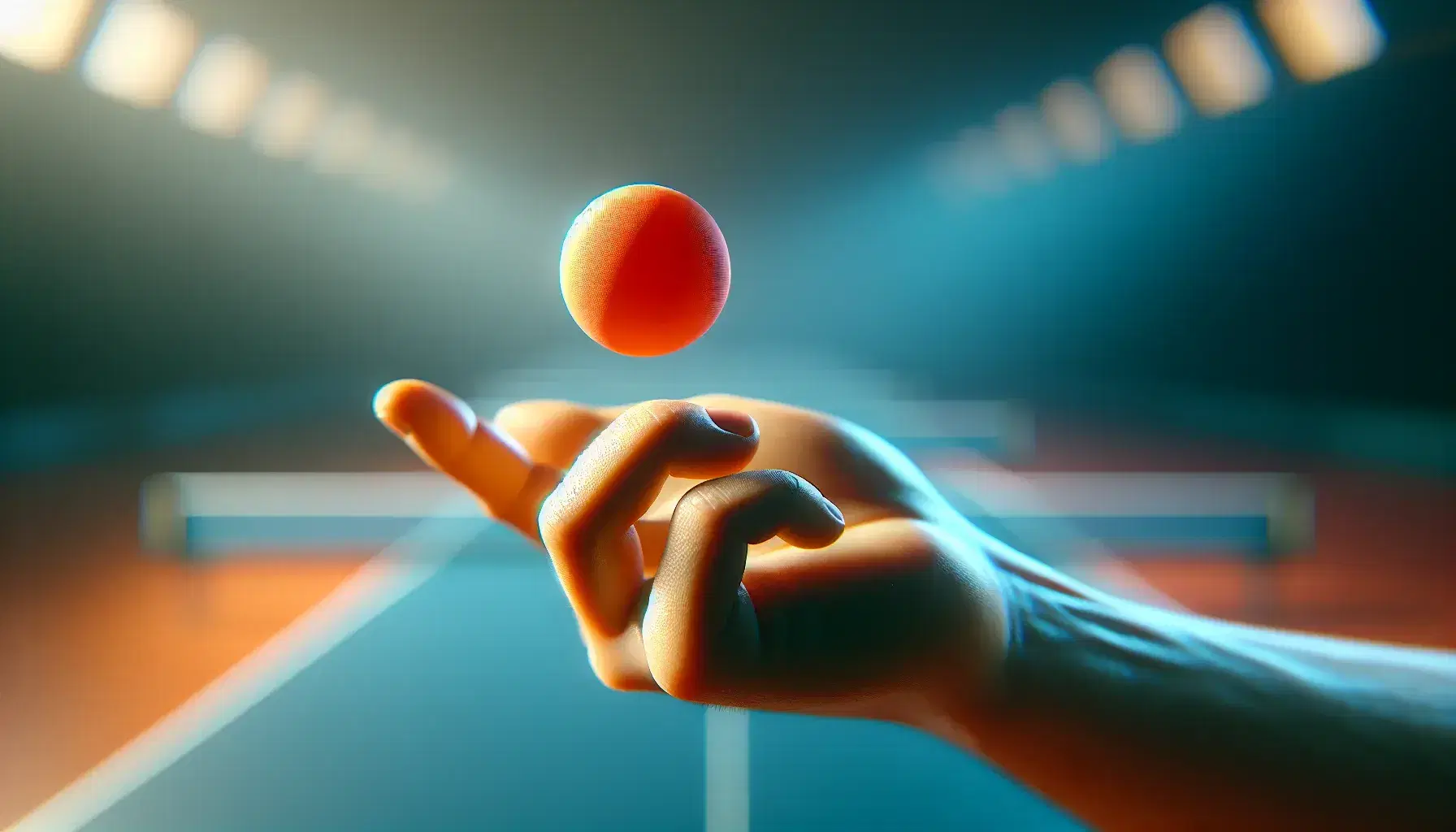 High-speed capture of an orange table tennis ball in mid-flight with a blurred hand following through after a hit, against a soft-lit blue-green background.