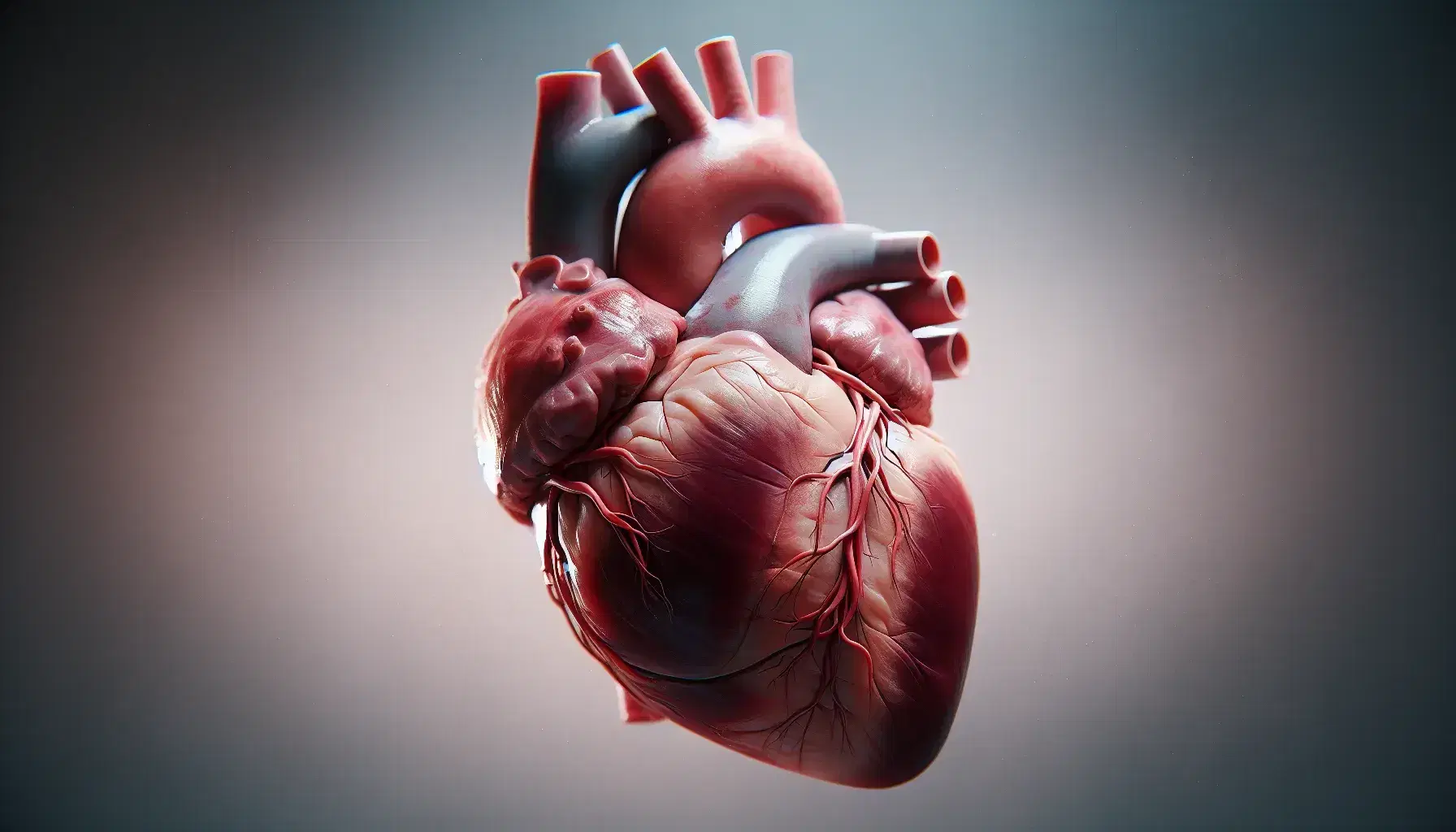 Cuore umano realistico con atri e ventricoli visibili, arterie coronarie e texture dettagliate su sfondo neutro.