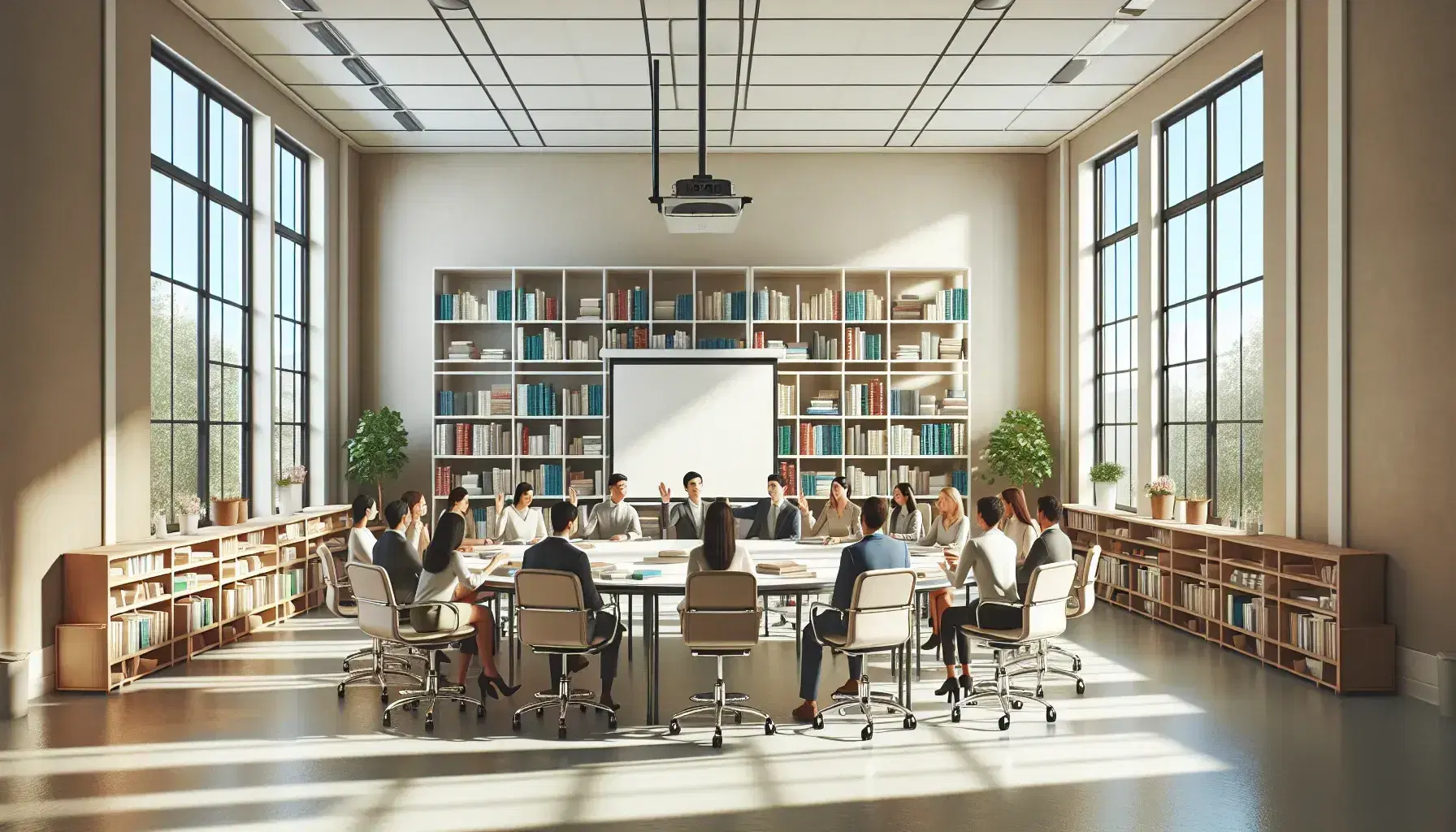 Aula amplia y luminosa con adultos alrededor de una mesa redonda en discusión, pizarra en blanco al frente y estantería con libros de colores al lado.