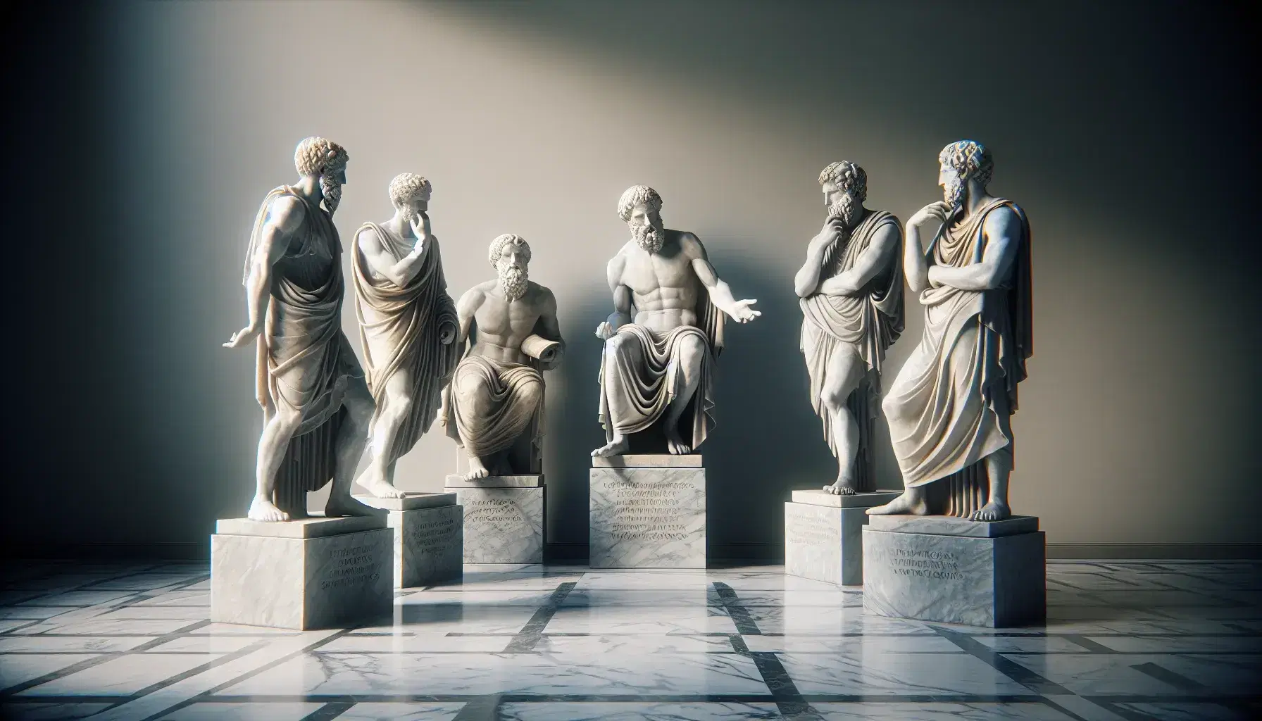 Estatuas de filósofos griegos antiguos en mármol, con poses variadas que sugieren debate y reflexión, sobre base de mármol en tonos claros.