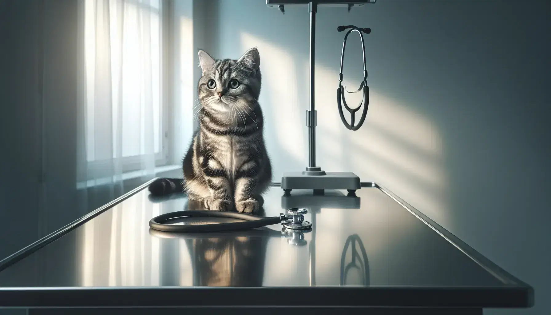 Gato doméstico atigrado en tonos grises y negros sentado en una mesa de acero inoxidable, con ojos verdes y estetoscopio al lado, en un consultorio iluminado suavemente.