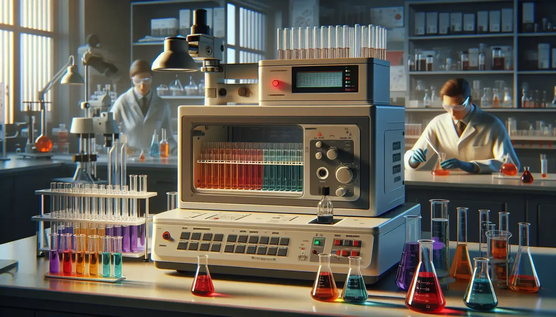 Laboratory with spectrophotometer and colored test tubes on bench, scientist pours red solution into cuvette, shelf with colored flasks in background.