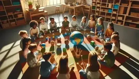 Niños de diversas etnias sentados en círculo en una alfombra colorida, con instrumentos musicales y figuras geométricas, junto a un globo terráqueo en una sala iluminada naturalmente.
