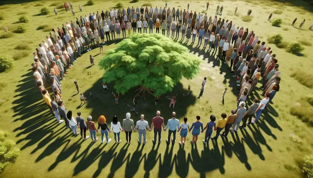 Multi-ethnic group of men and women in a circle holding hands under a lush tree on a sunny day, symbolizing unity and diversity.