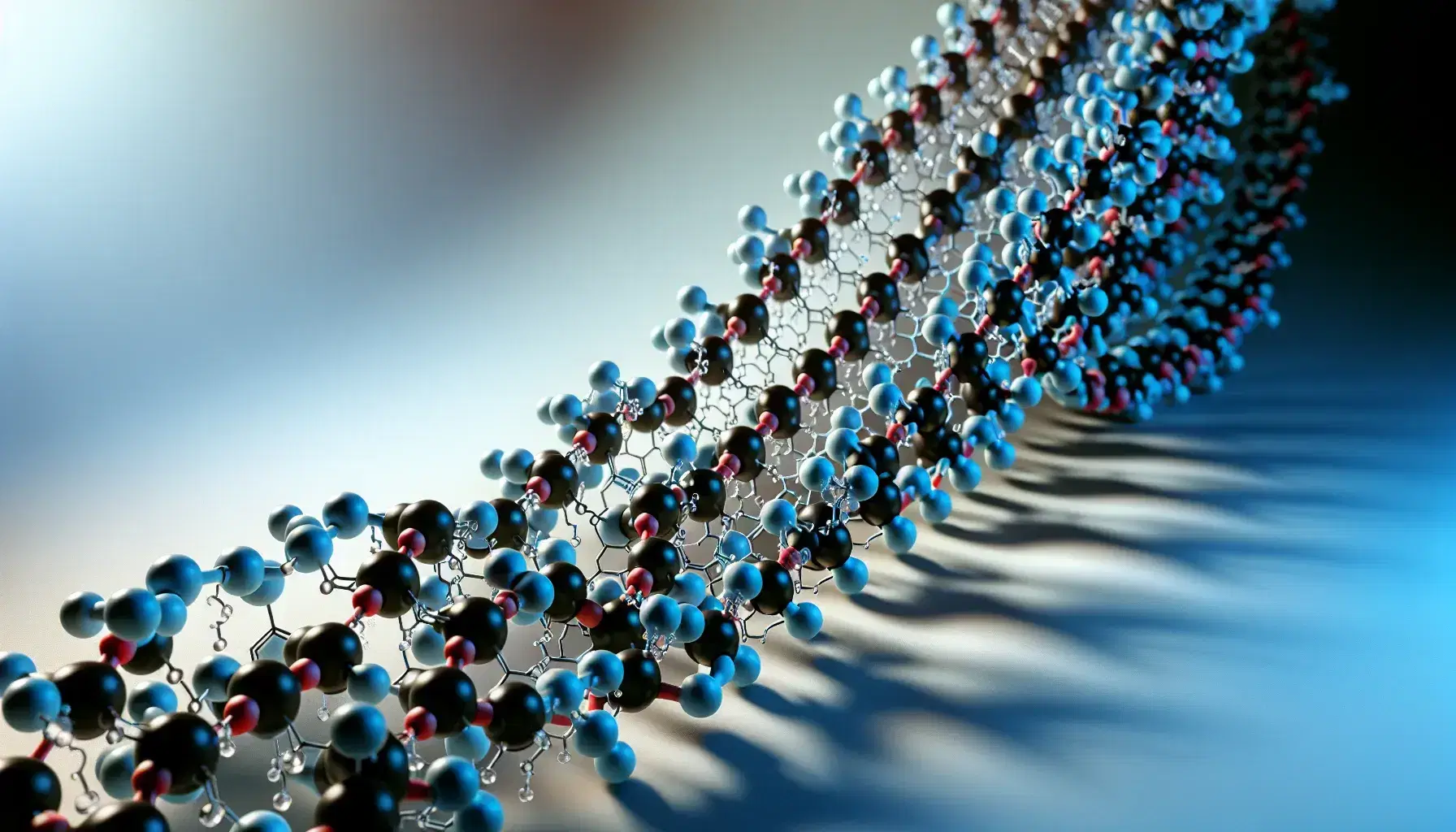 Three-dimensional molecular model of a peptide chain with colored spheres for atoms: black for carbon, blue for nitrogen, red for oxygen, white for hydrogen.
